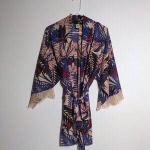 Japna Lounge Kimono Cardigan Womens Medium Tropical Leaves Lace 3/4 Sleeve